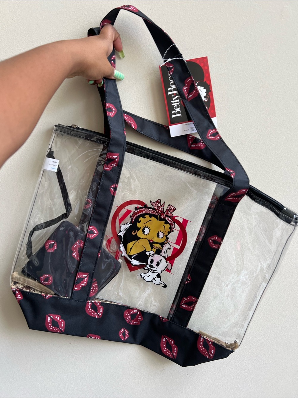 Black Betty Boop Clear Tote Bag with Red Kiss Accent